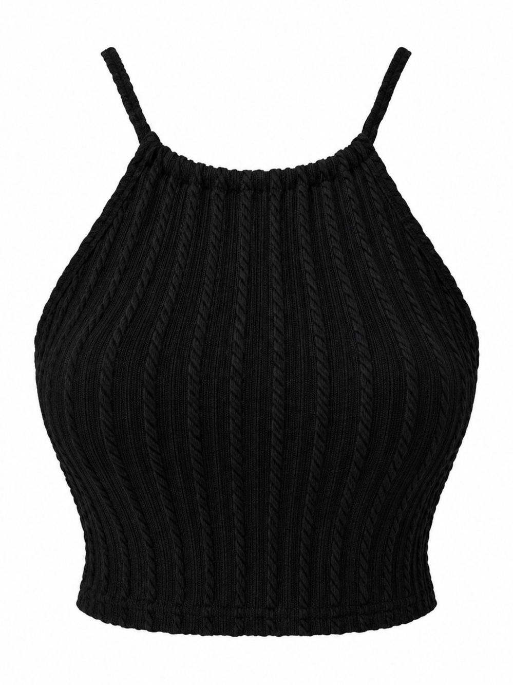 Black Ribbed Halter Crop Top - Women